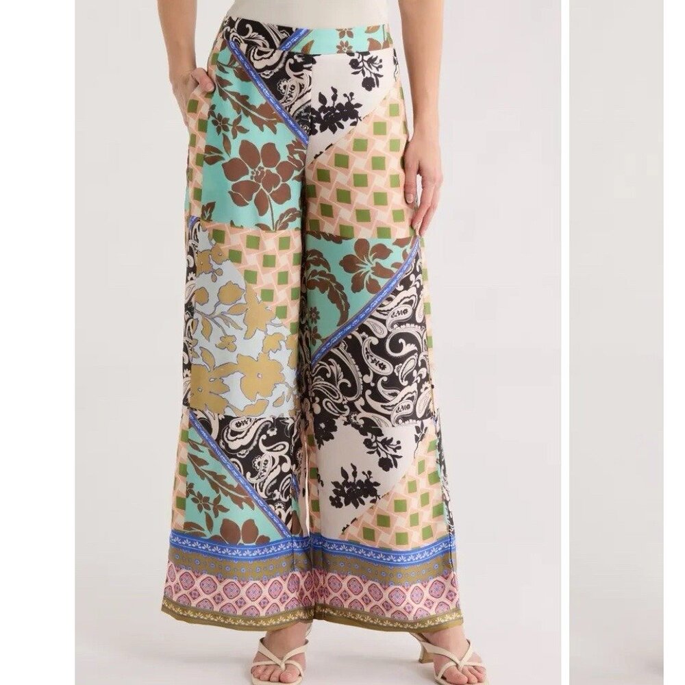 Wide Leg Patchwork Print Pants - Multicolor